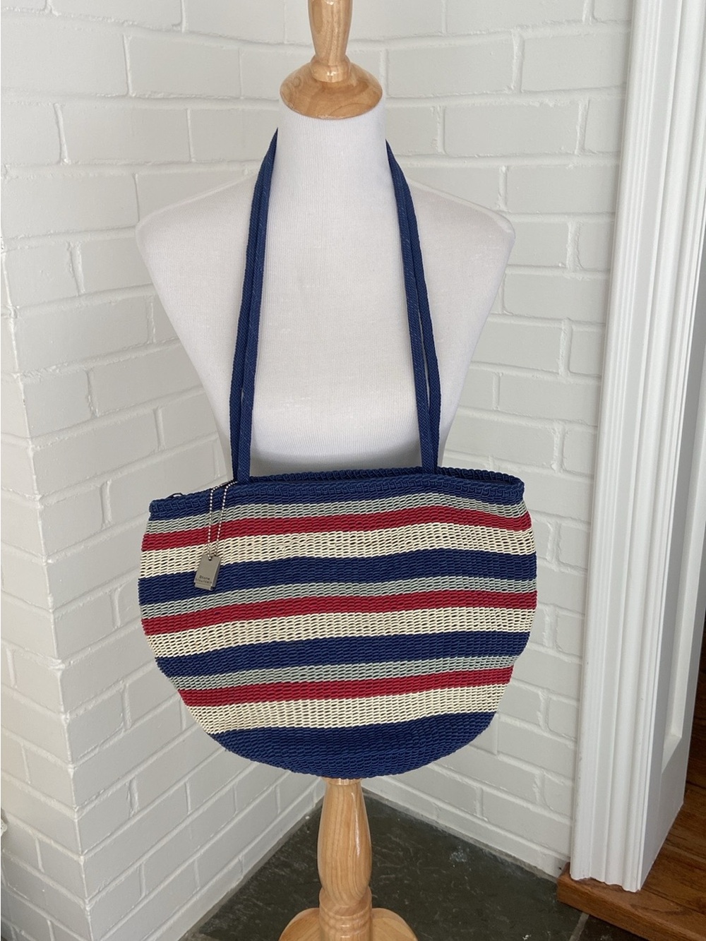 Stone Mountain Bicentennial Navy, Cream, Gray & Red Striped Woven Tote Bag